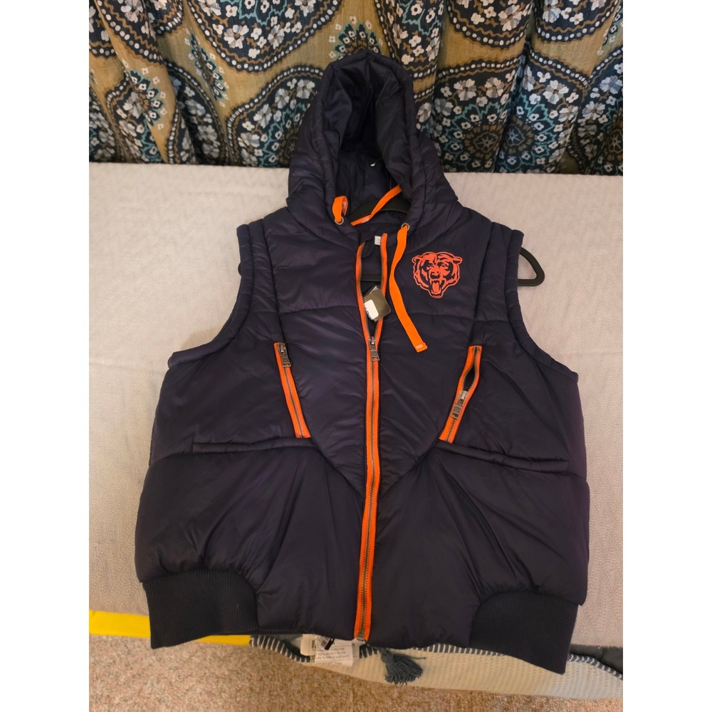 WEAR by Erin Andrews Chicago Bears Navy Blue Orange Puffer Vest Hooded Womens M